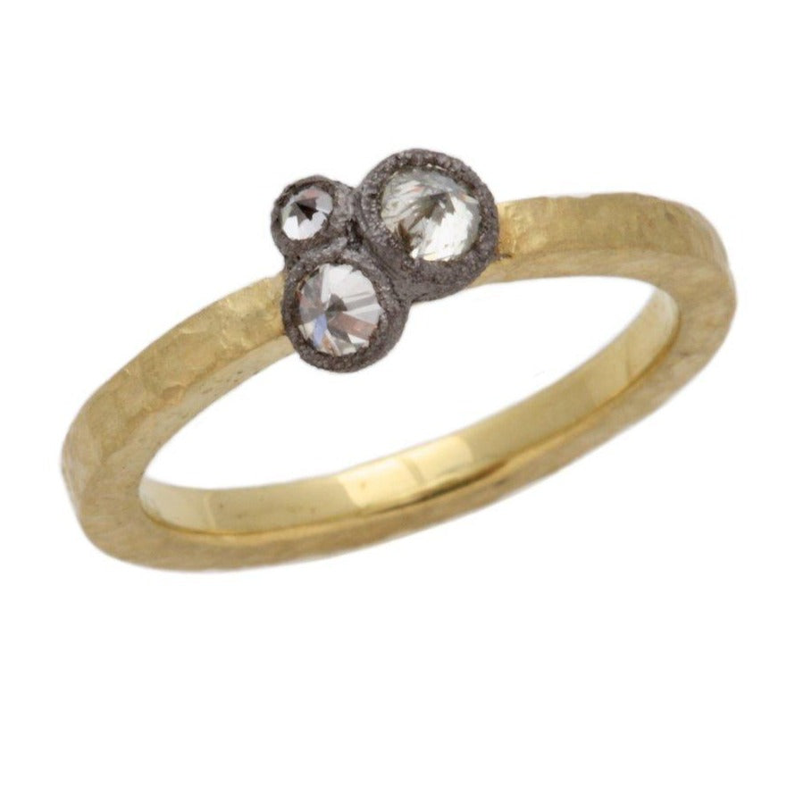 Hammered Yellow Gold Ring With 3 Inverted Diamonds