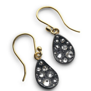 Oxidized Silver and Diamond Pear Shape Drop Earrings