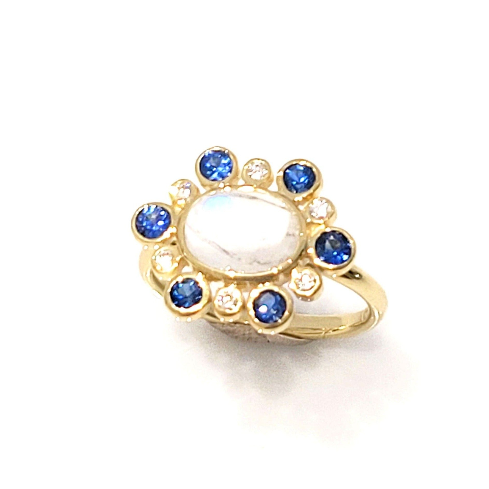 Rainbow Moonstone, Blue Sapphire, and Diamond Ring