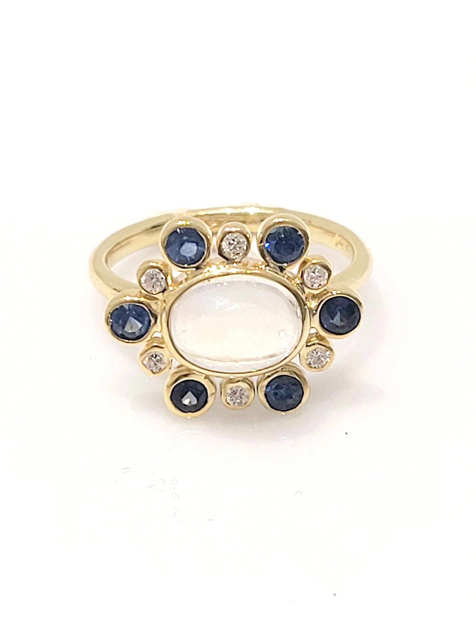 Rainbow Moonstone, Blue Sapphire, and Diamond Ring