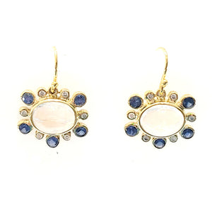 Rainbow Moonstone, Blue Sapphire, and Diamond Earrings