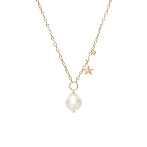 Baroque Pearl, Starfish, and Diamond Dangle Charm Necklace
