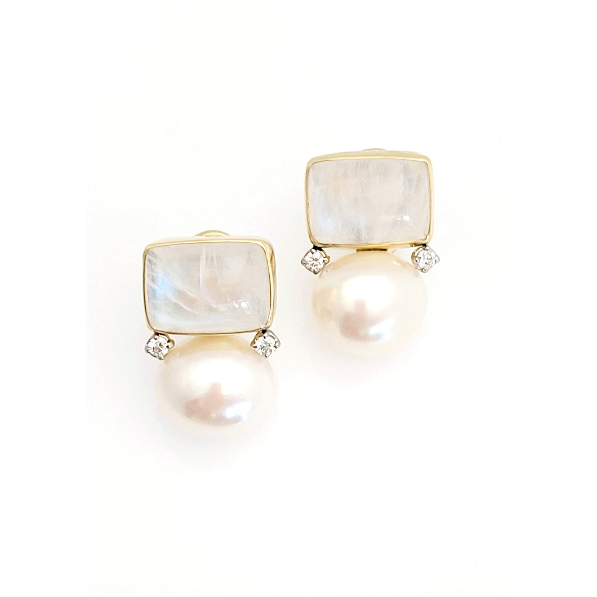Yellow Gold Moonstone, Pearl, and Diamond Earrings